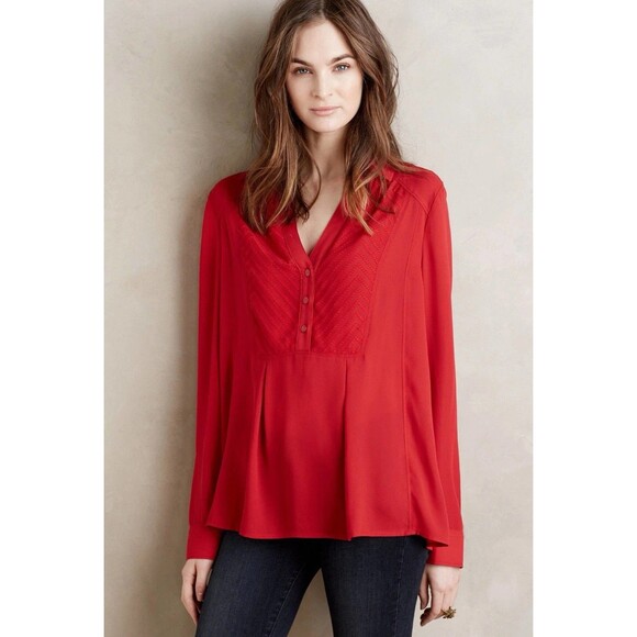 Anthropologie Maeve De Stijl Popover Chiffon Red Blouse Size 4 Button Down Small - Picture 1 of 7